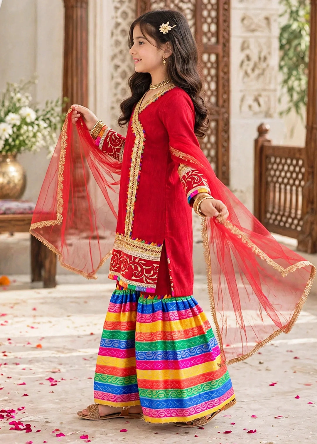 Modest Pret Emblished Raw Silk 3 Piece Suit Mah e Noor Red