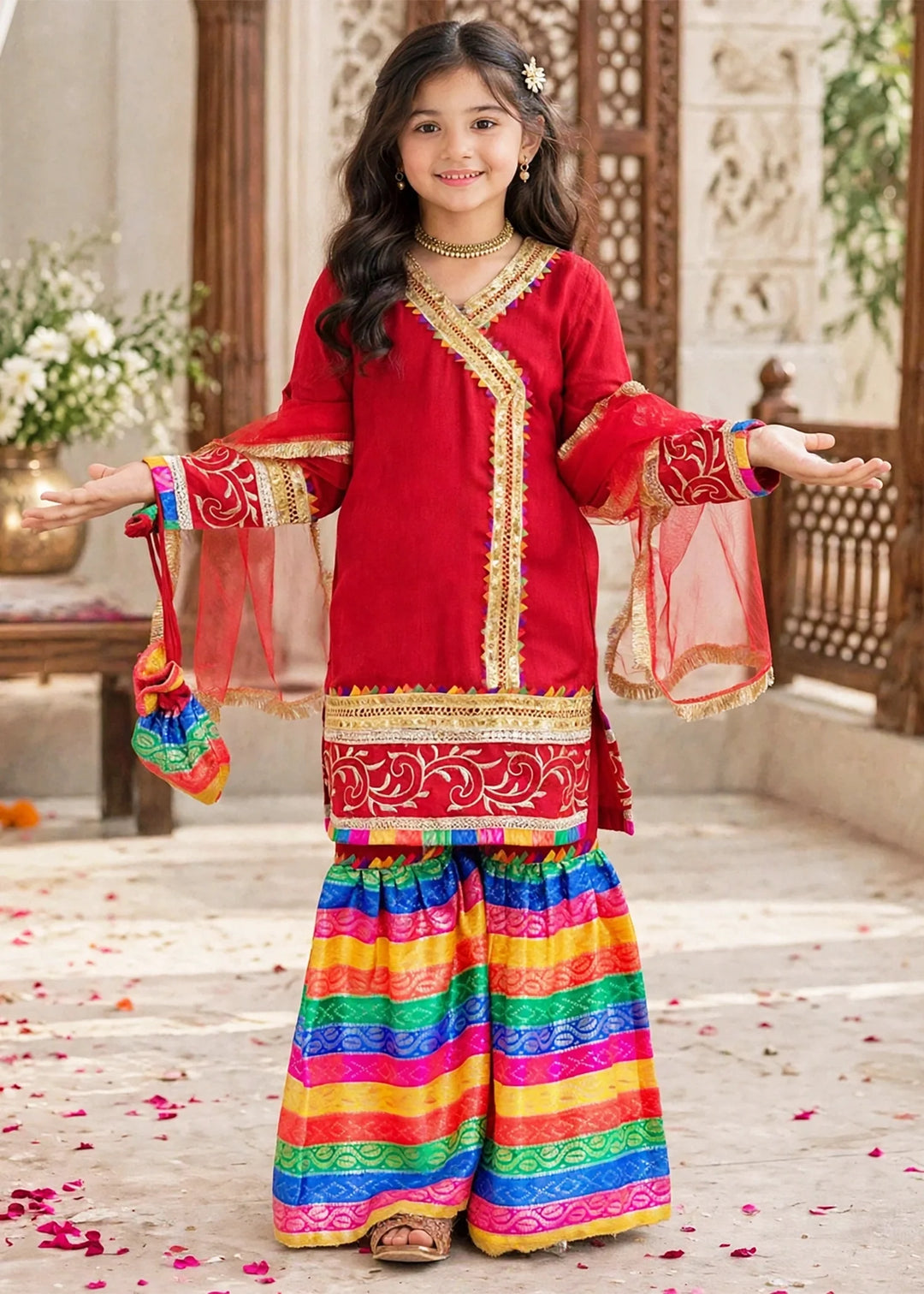 Modest Pret Emblished Raw Silk 3 Piece Suit Mah e Noor Red