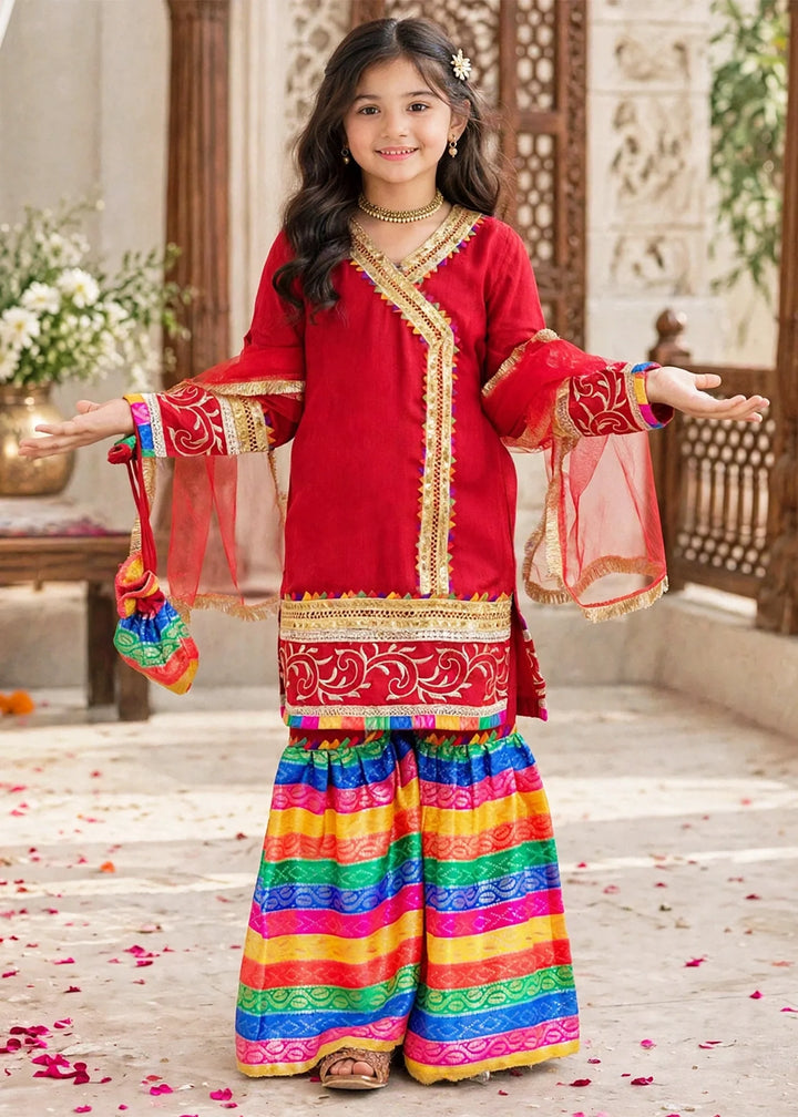 Modest Pret Emblished Raw Silk 3 Piece Suit Mah e Noor Red