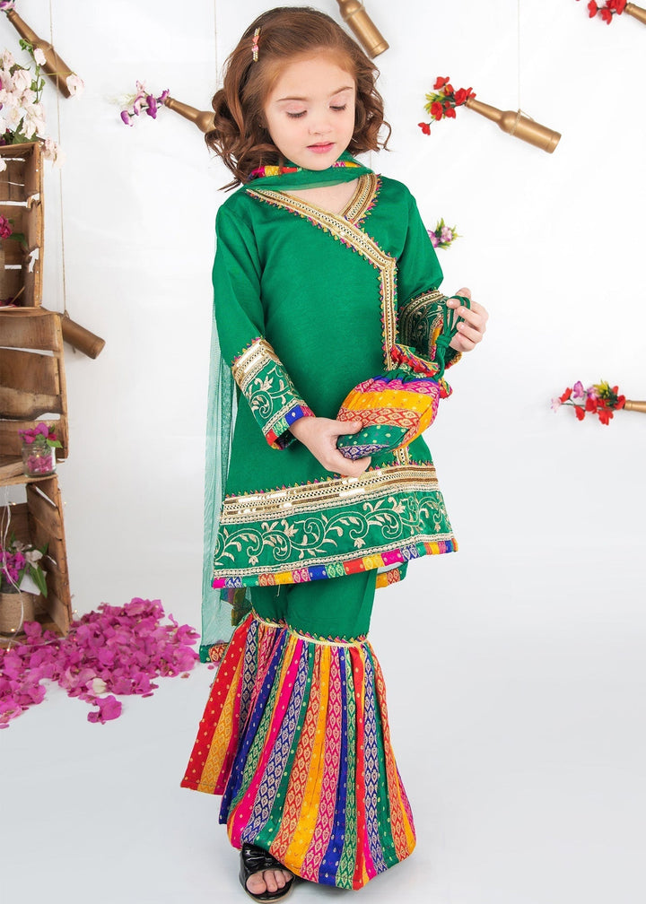 Modest Pret Emblished Raw Silk 3 Piece Suit Mah e Noor Green