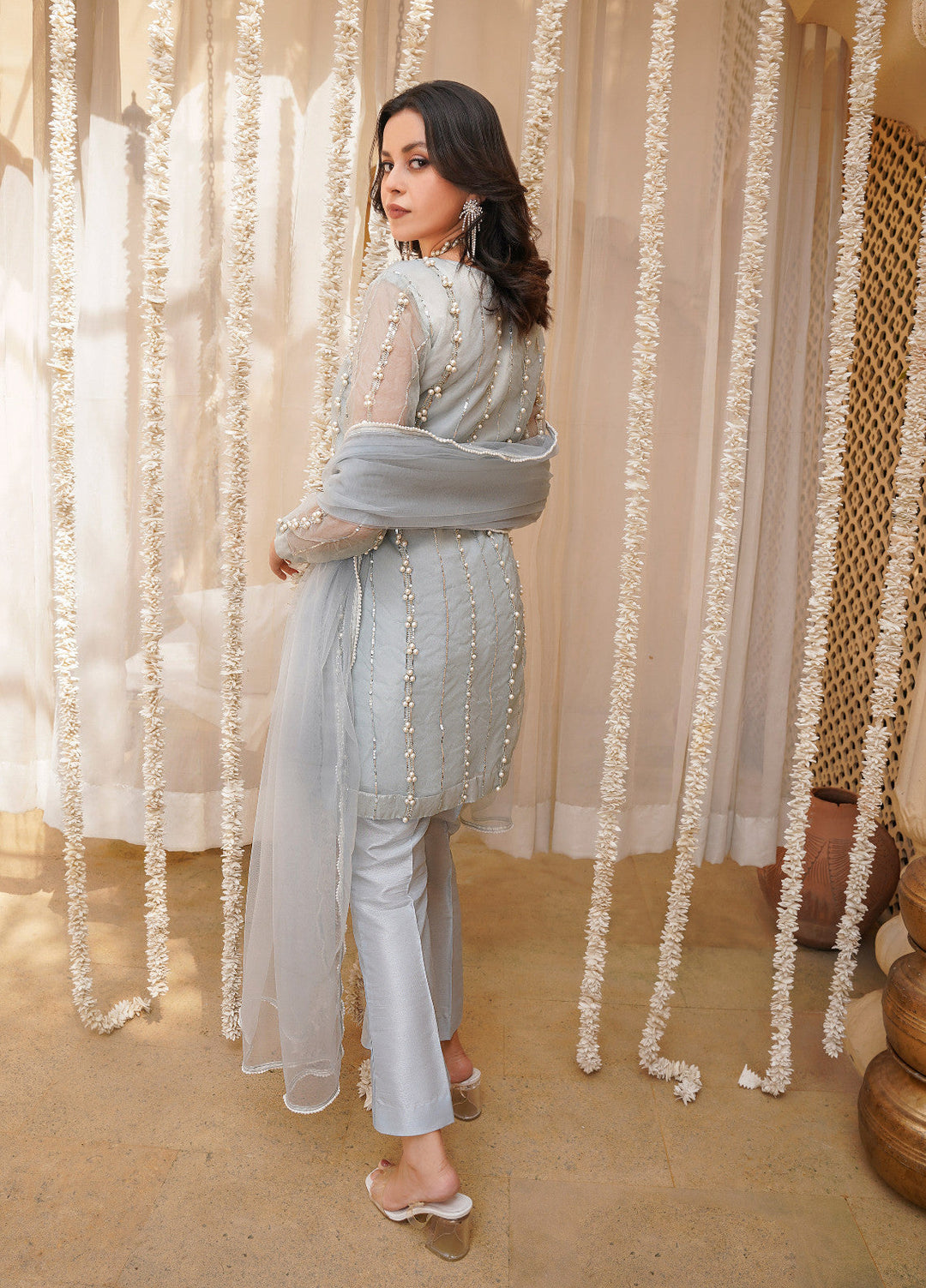 Haniya Mahnoor Pret Embroidered Organza 3 Piece Sky Ice