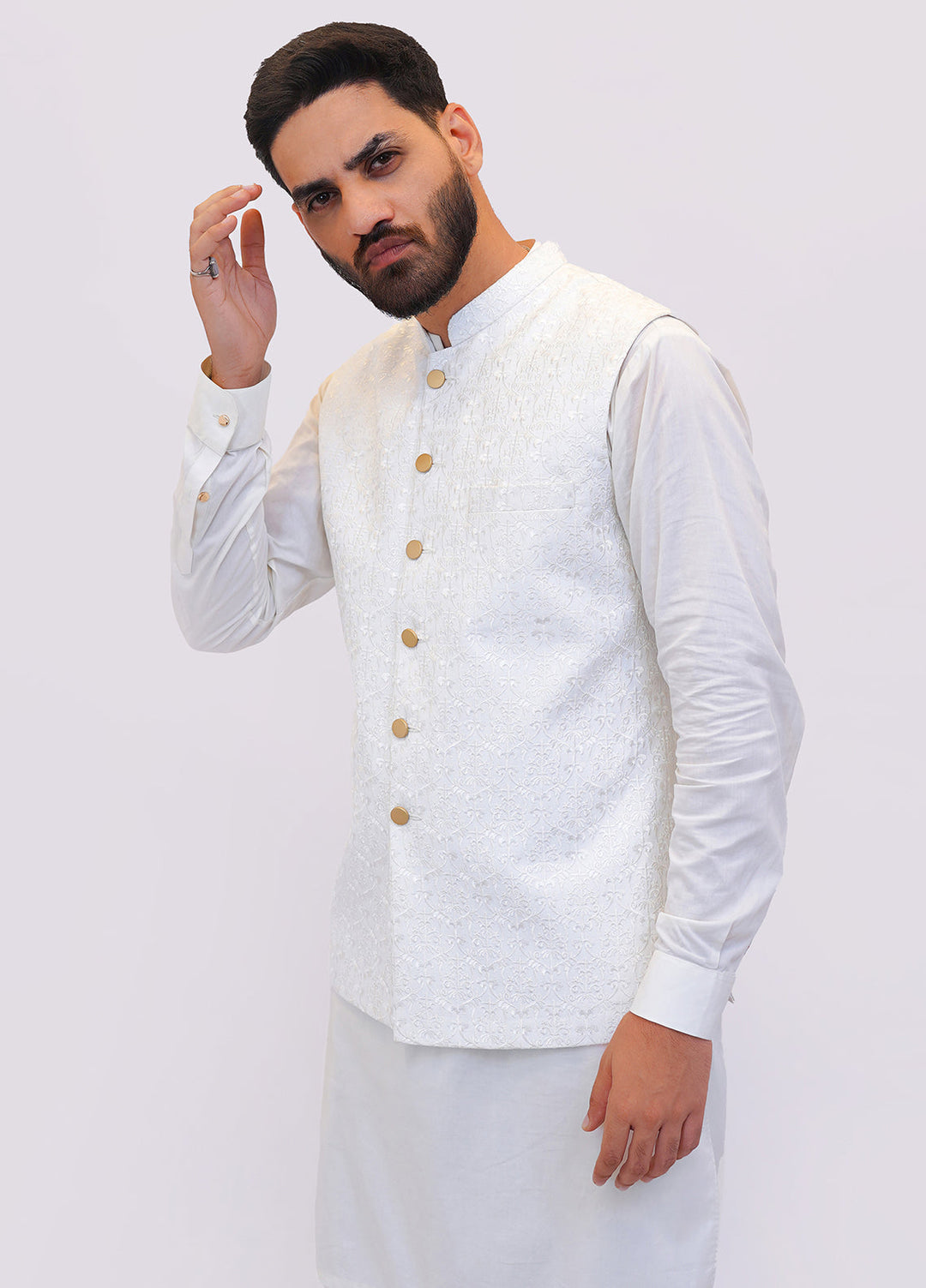 Off White Embroidered Fabric Waistcoat