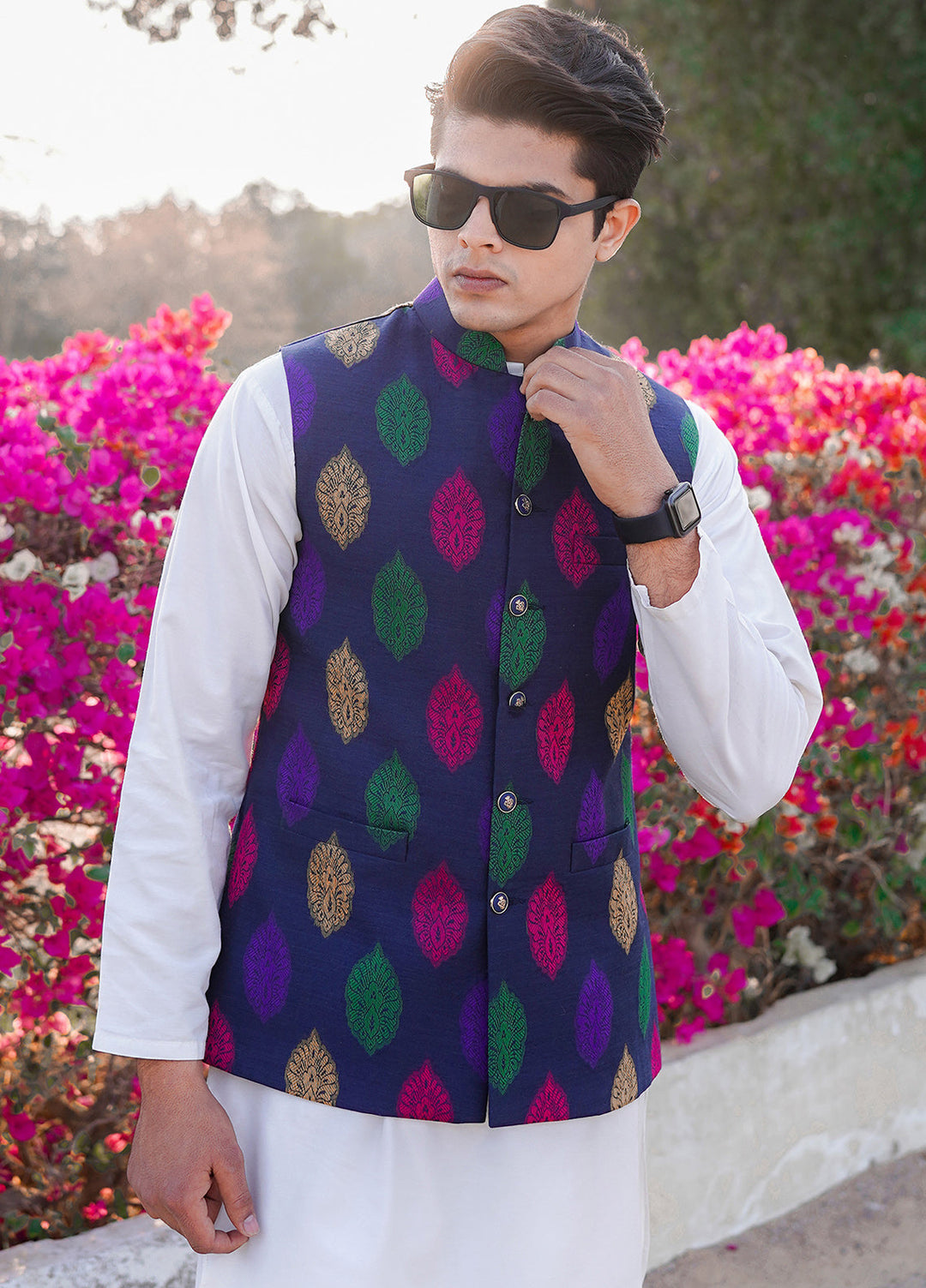Navy Blue Raw Silk Multi Color Waistcoat -