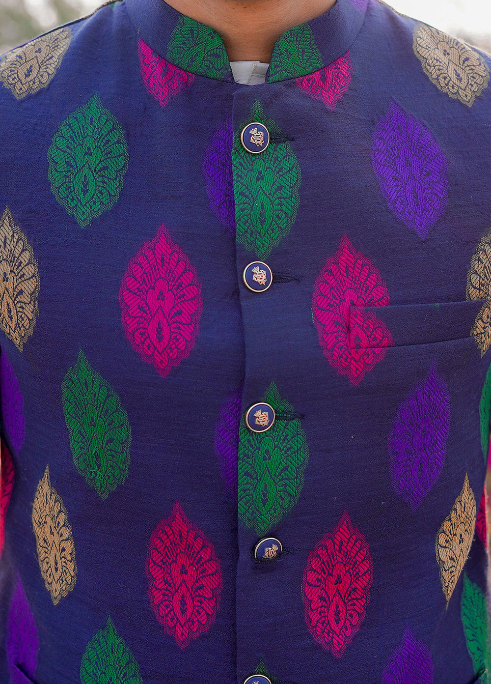Navy Blue Raw Silk Multi Color Waistcoat -