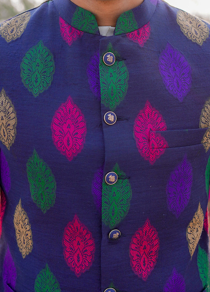 Navy Blue Raw Silk Multi Color Waistcoat -
