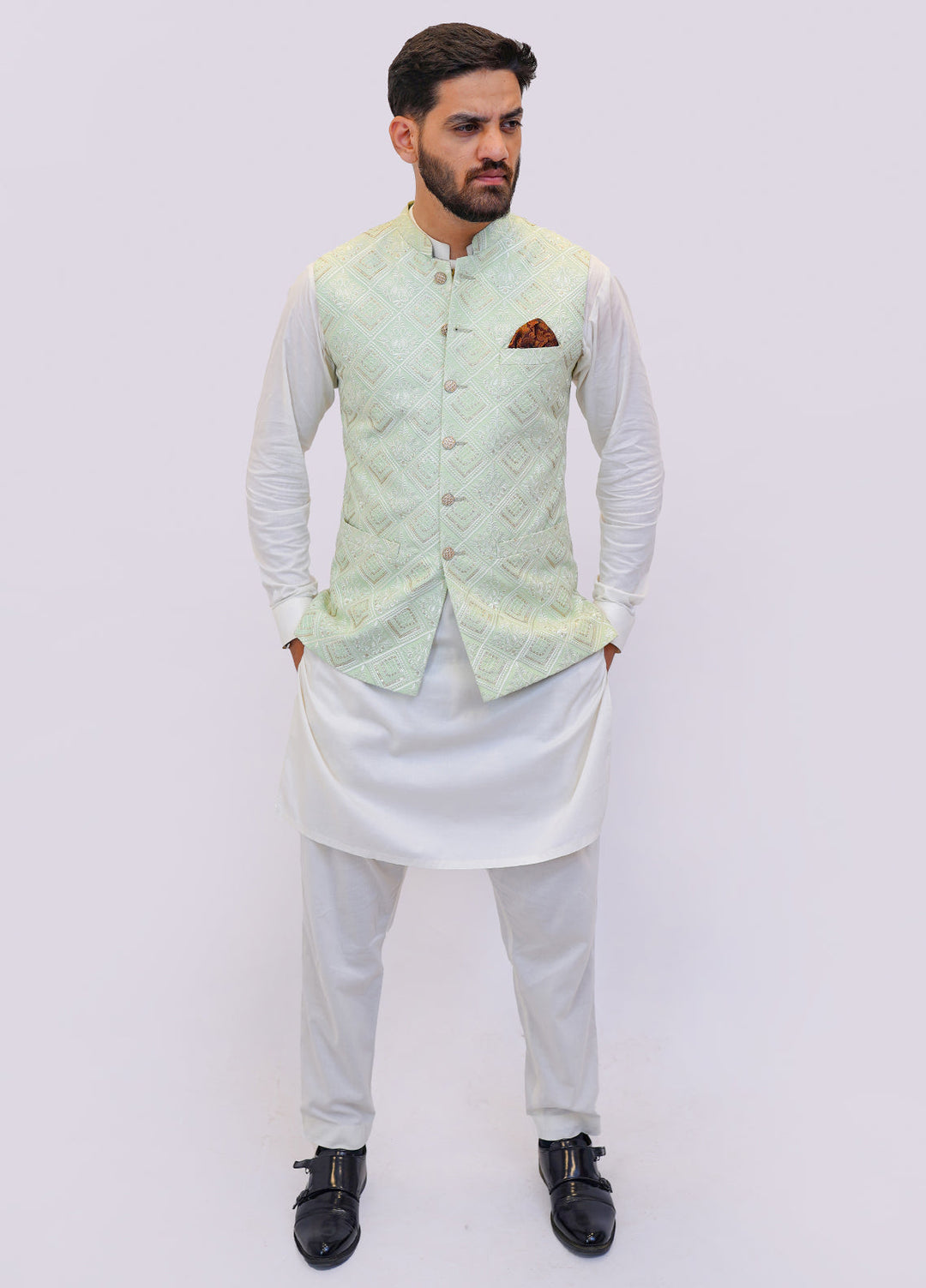 Pista Green Embroidered Fabric Waistcoat