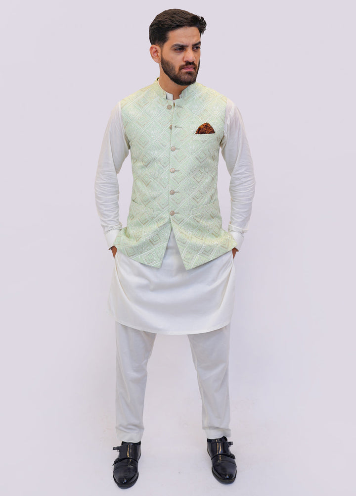 Pista Green Embroidered Fabric Waistcoat