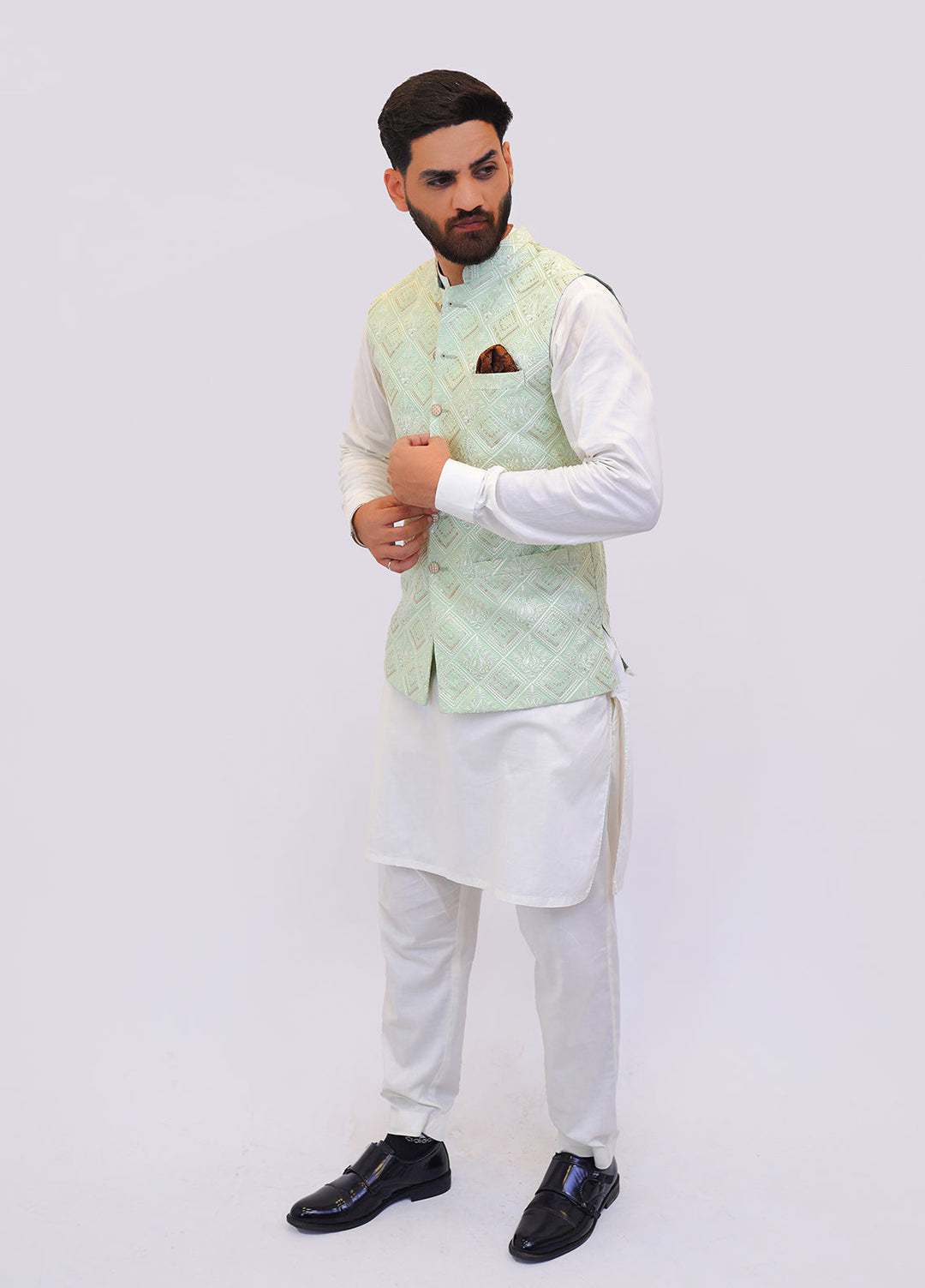 Pista Green Embroidered Fabric Waistcoat