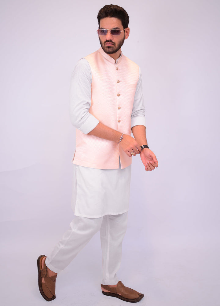 Light Peach Jamawar Embossed Waistcoat