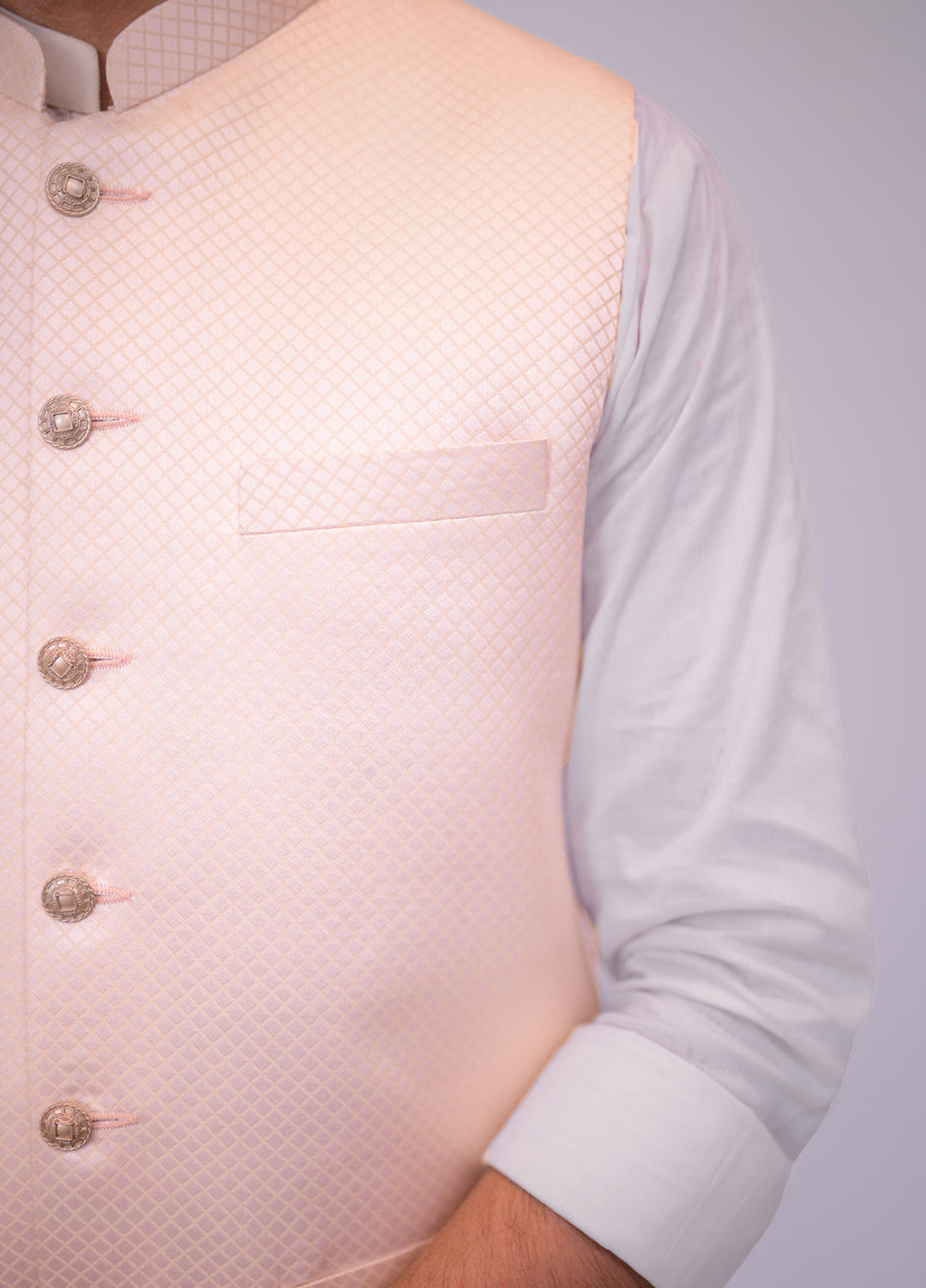 Light Peach Jamawar Embossed Waistcoat