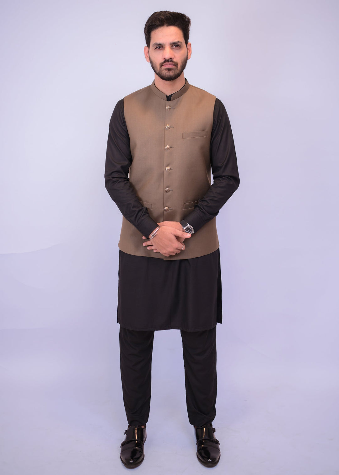 Brown Plain Suiting Fancy Buttons Waistcoat