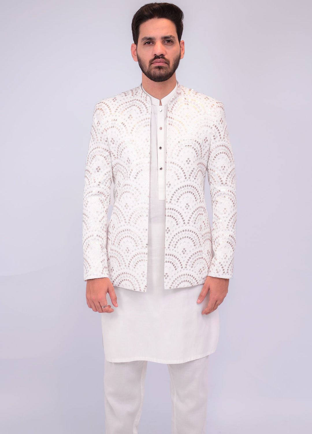 Off White Embroidered Golden Sequins Prince Coat