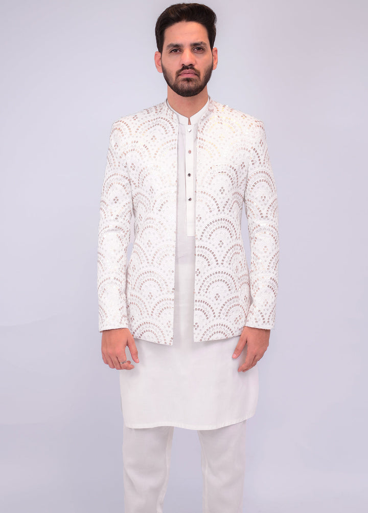Off White Embroidered Golden Sequins Prince Coat