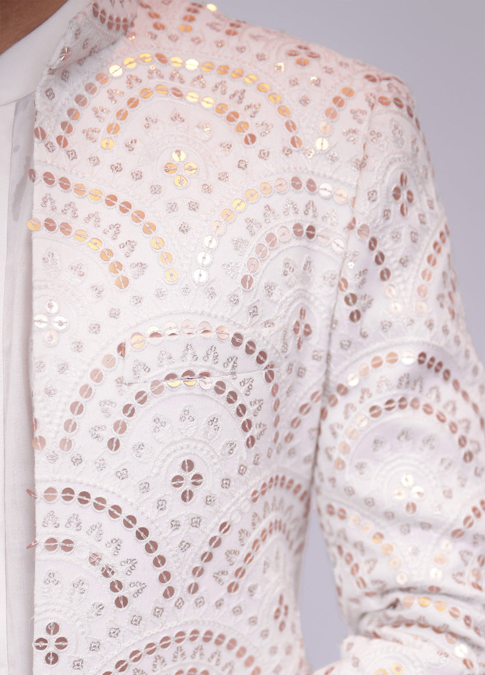 Off White Embroidered Golden Sequins Prince Coat