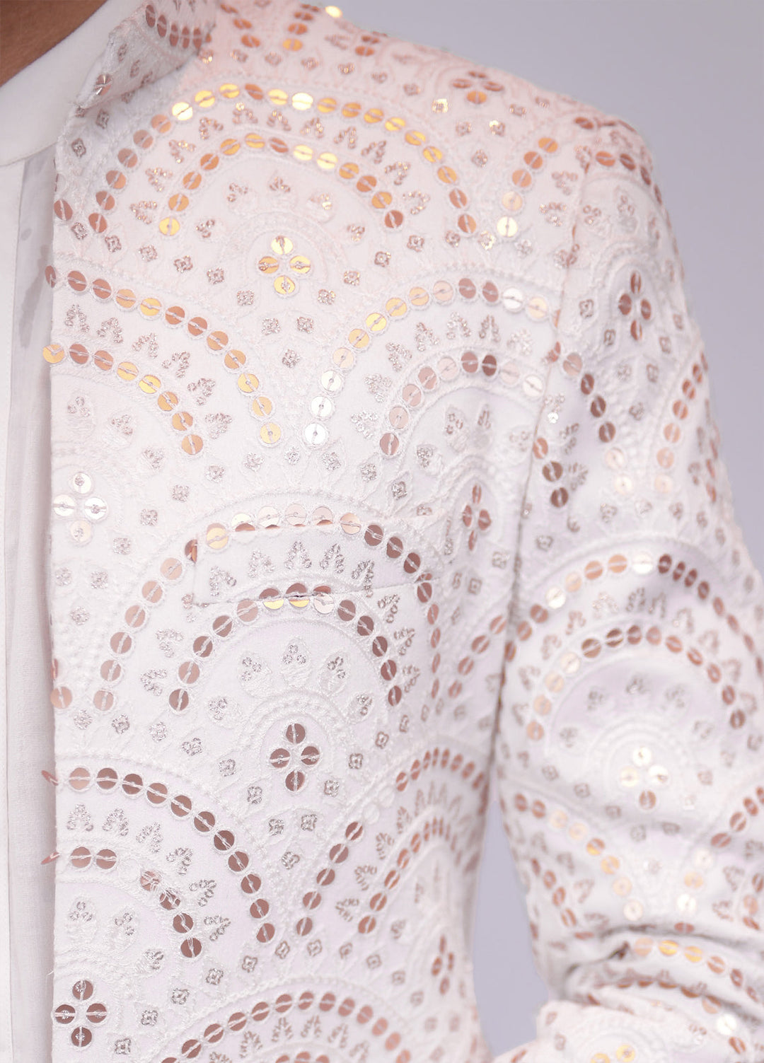 Off White Embroidered Golden Sequins Prince Coat
