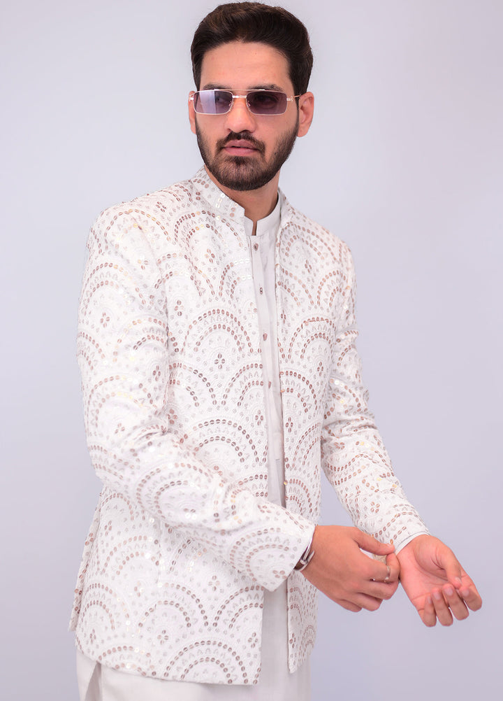 Off White Embroidered Golden Sequins Prince Coat
