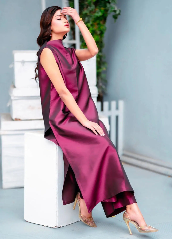 PSK Couture Pret Casual Silk 2 Piece Suit Merlot