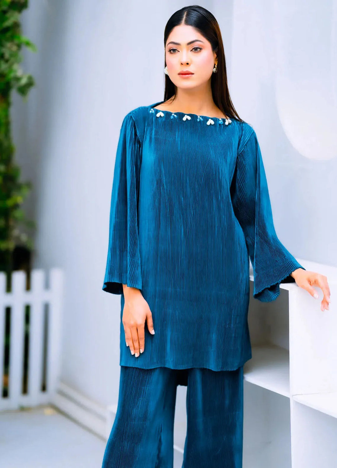 PSK Couture Pret Casual Silk 2 Piece Suit Skyline