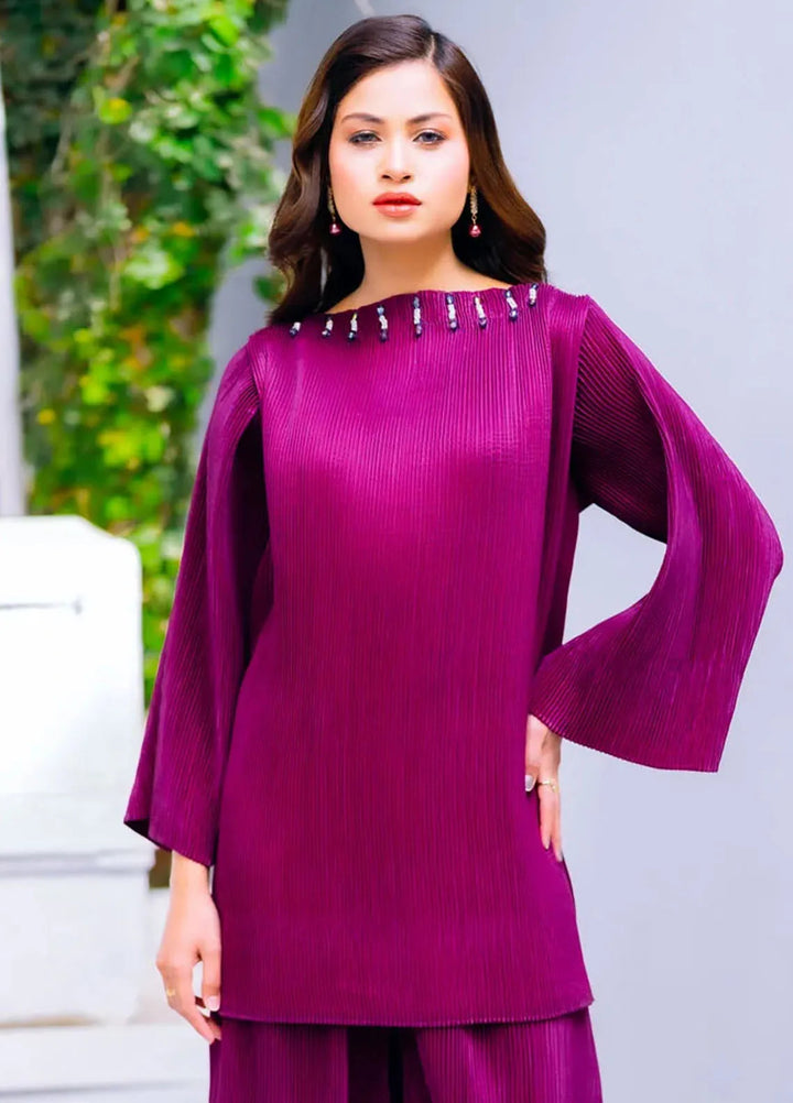 PSK Couture Pret Casual Silk 2 Piece Suit Violet Velvet