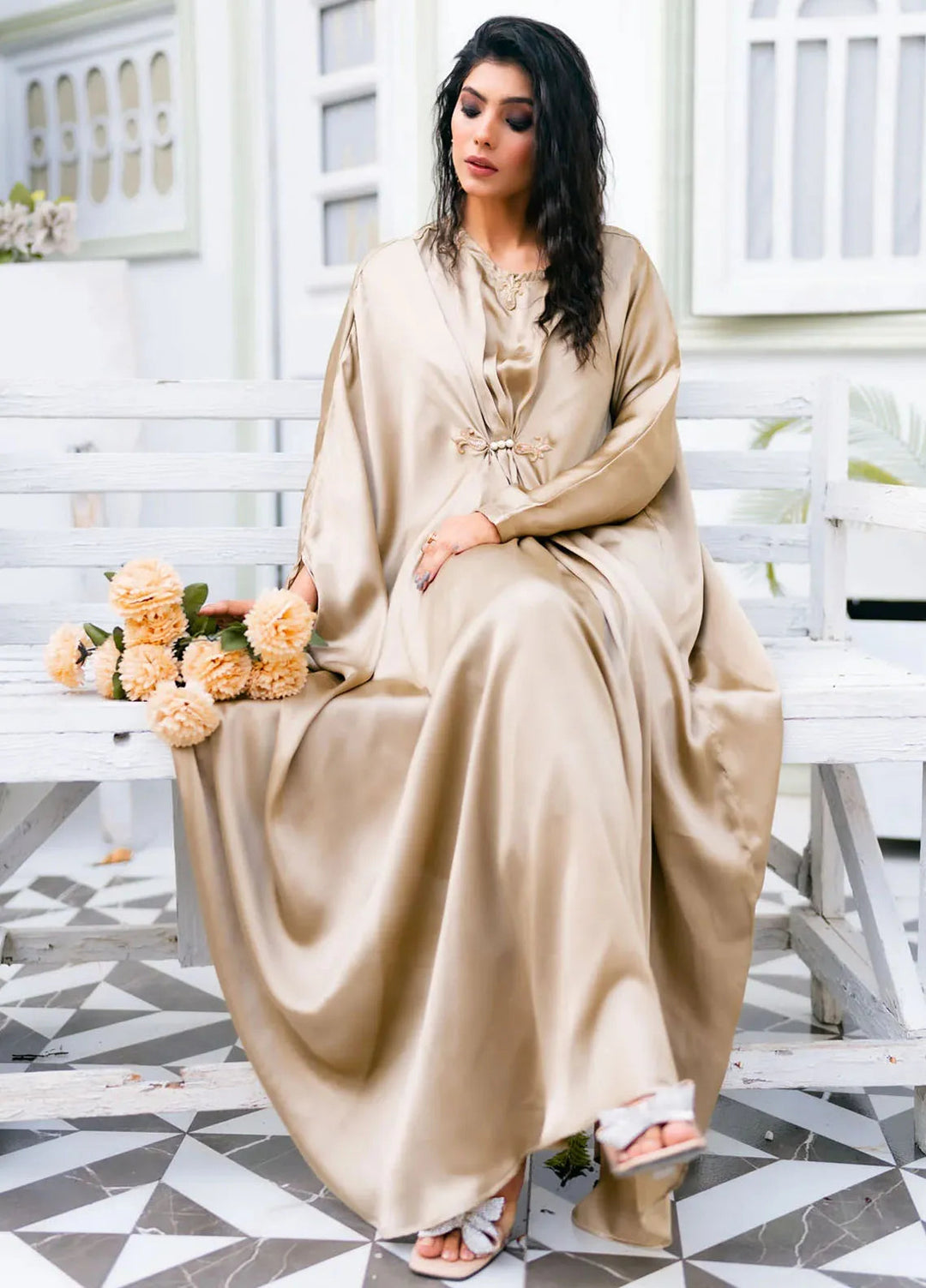 PSK Couture Pret Embellished Fine Silk Kaftan Golden Haze