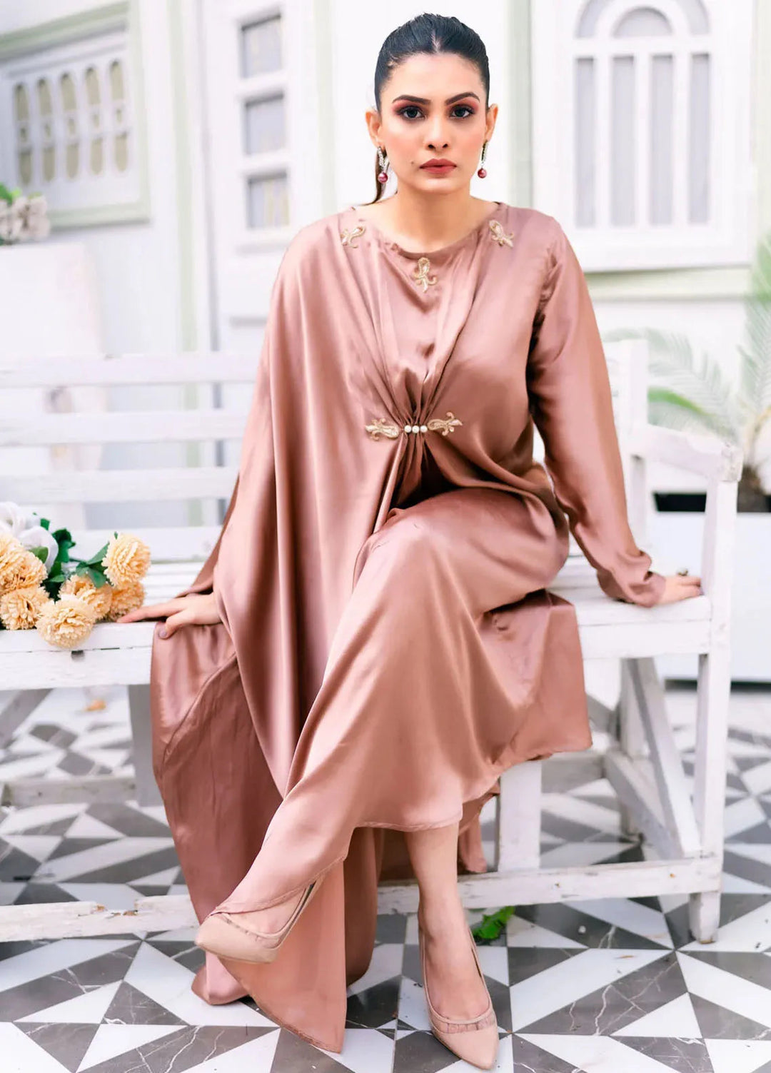 PSK Couture Pret Embellished Fine Silk Kaftan Whispering Rose