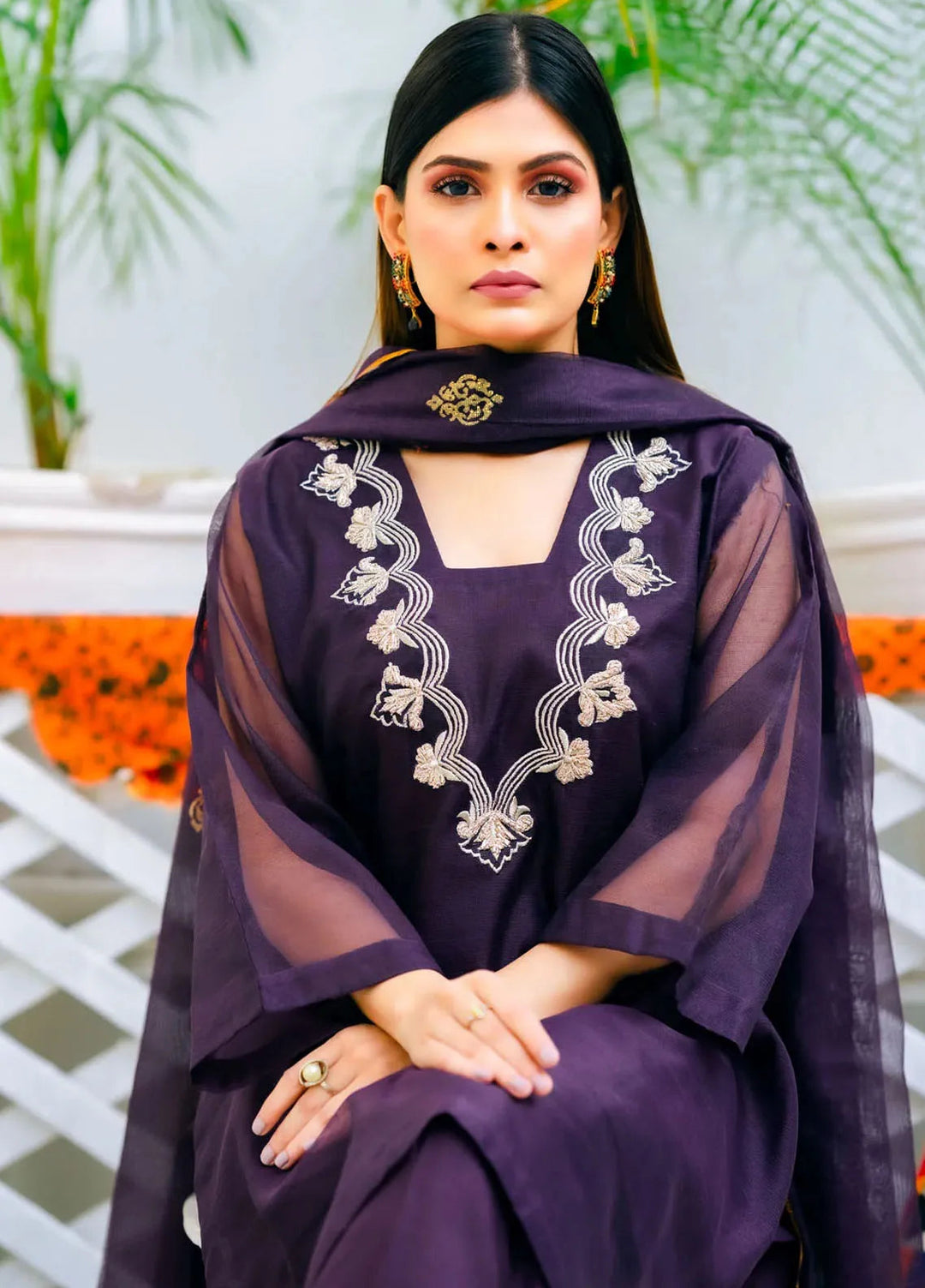 PSK Couture Pret Embroidered cotton net 3 Piece Suit Royal Orchid