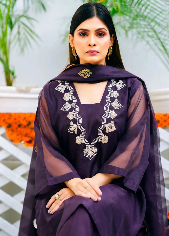PSK Couture Pret Embroidered cotton net 3 Piece Suit Royal Orchid