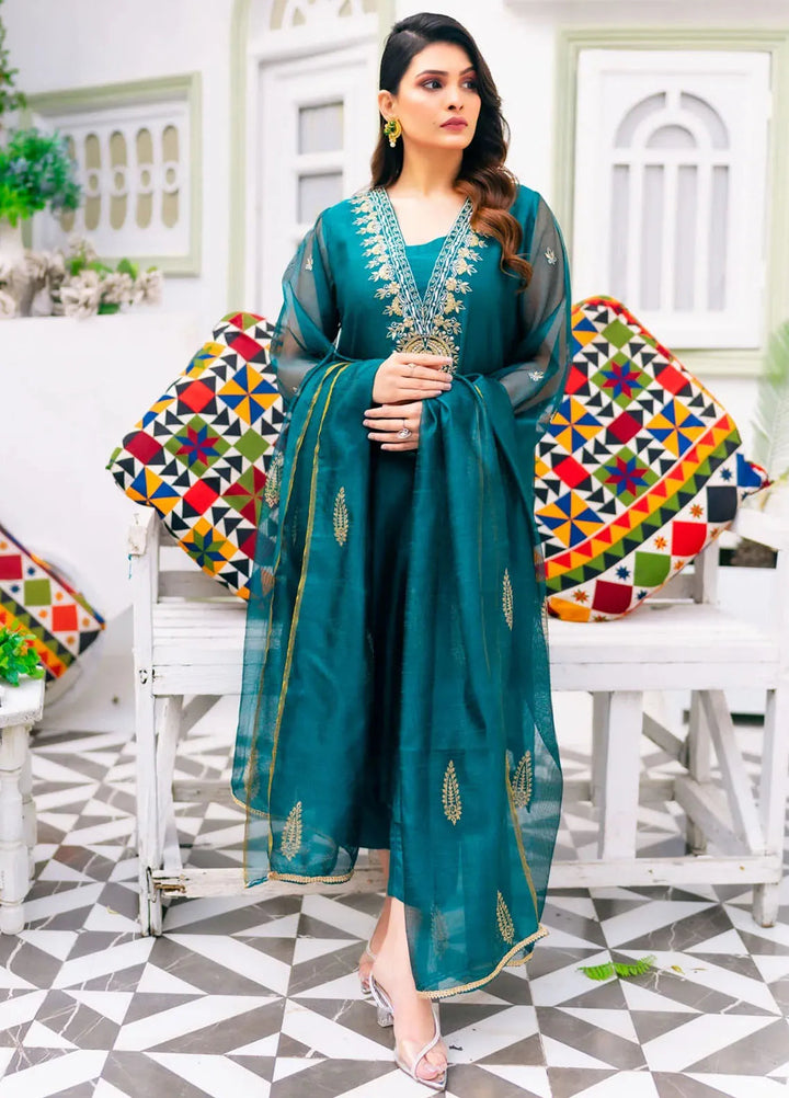PSK Couture Pret Embroidered cotton net 3 Piece Suit Teal Tempest