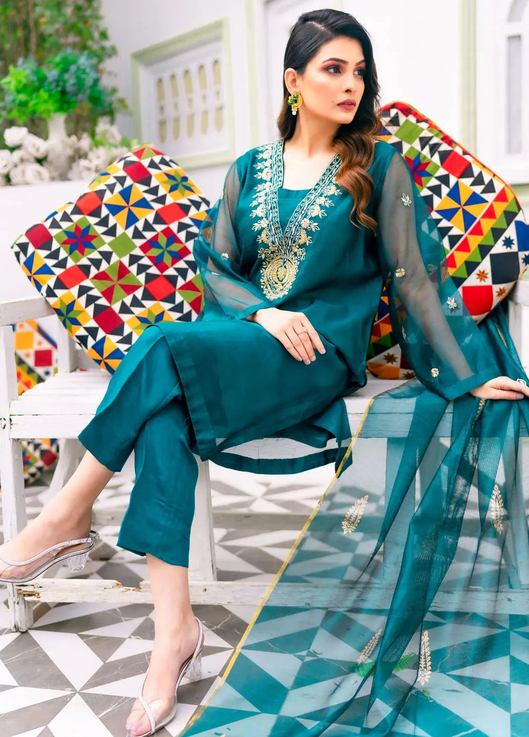 PSK Couture Pret Embroidered cotton net 3 Piece Suit Teal Tempest