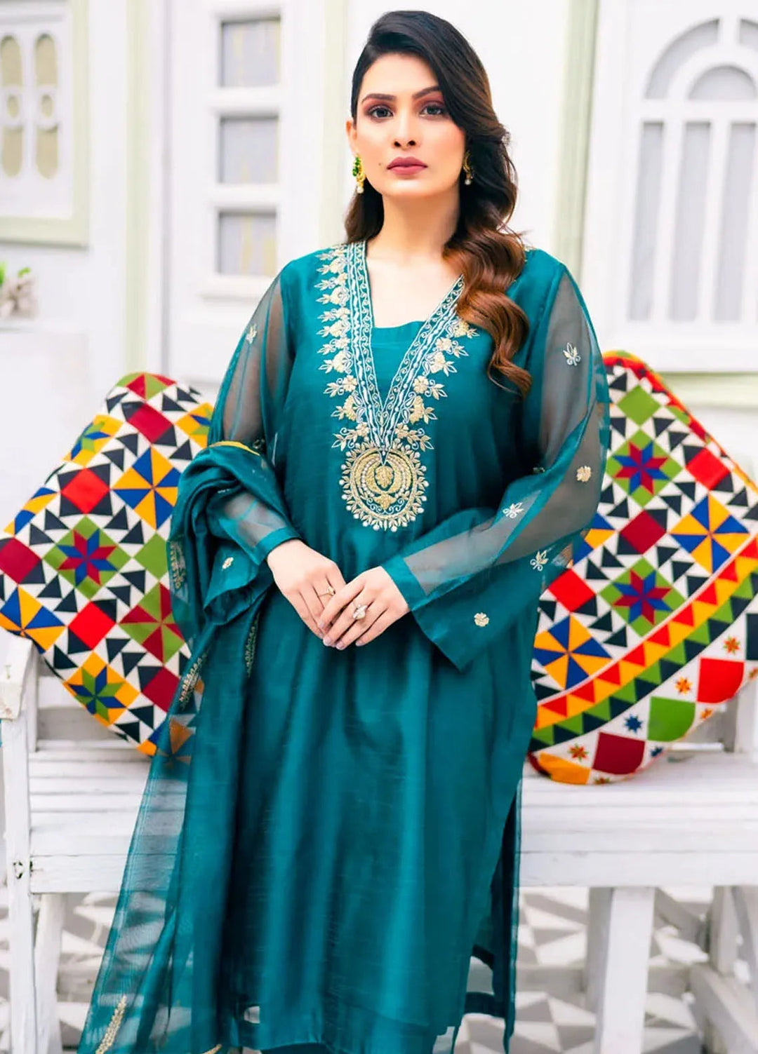 PSK Couture Pret Embroidered cotton net 3 Piece Suit Teal Tempest