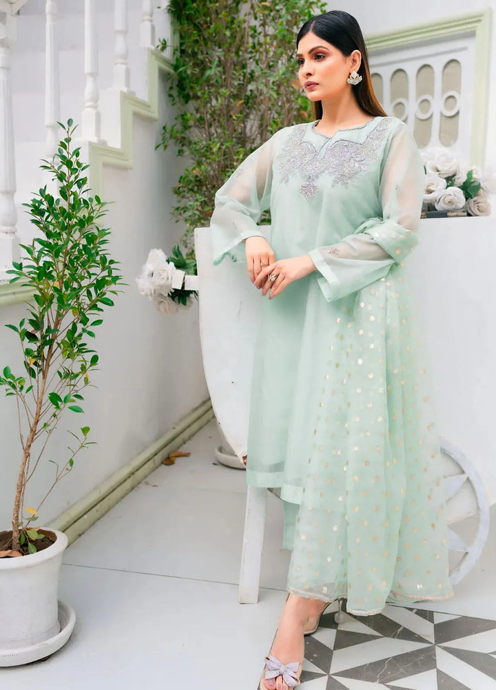 PSK Couture Pret Embroidered Organza 3 Piece Suit Aqua Breeze