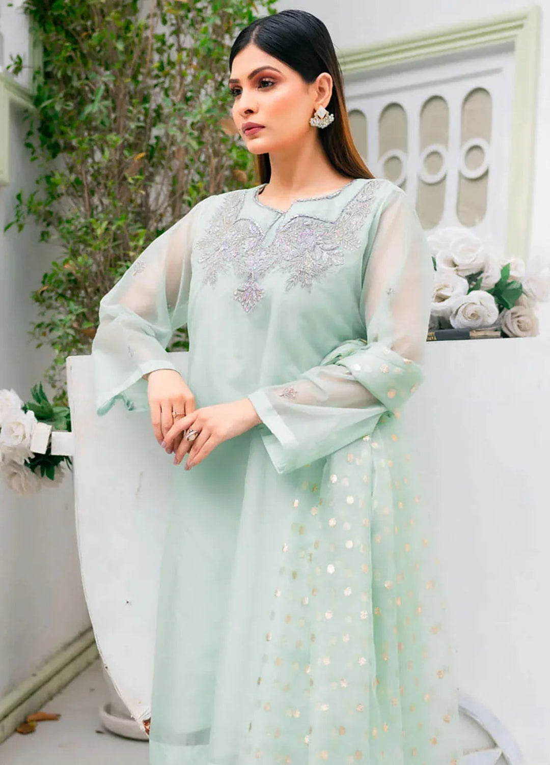 PSK Couture Pret Embroidered Organza 3 Piece Suit Aqua Breeze