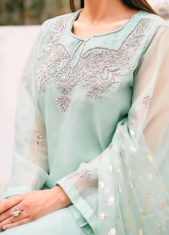 PSK Couture Pret Embroidered Organza 3 Piece Suit Aqua Breeze