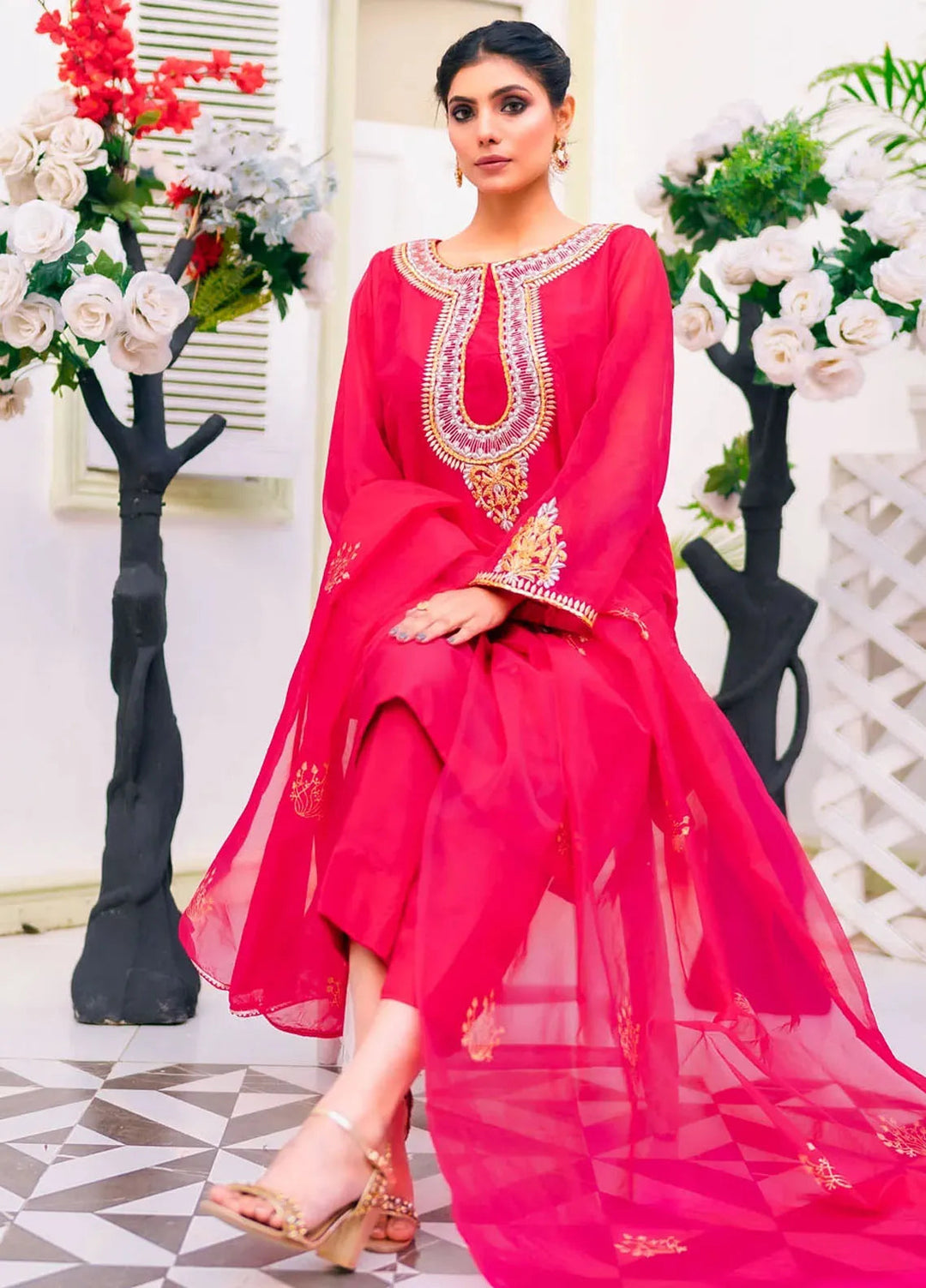 PSK Couture Pret Embroidered organza 3 Piece Suit Blissful Rose