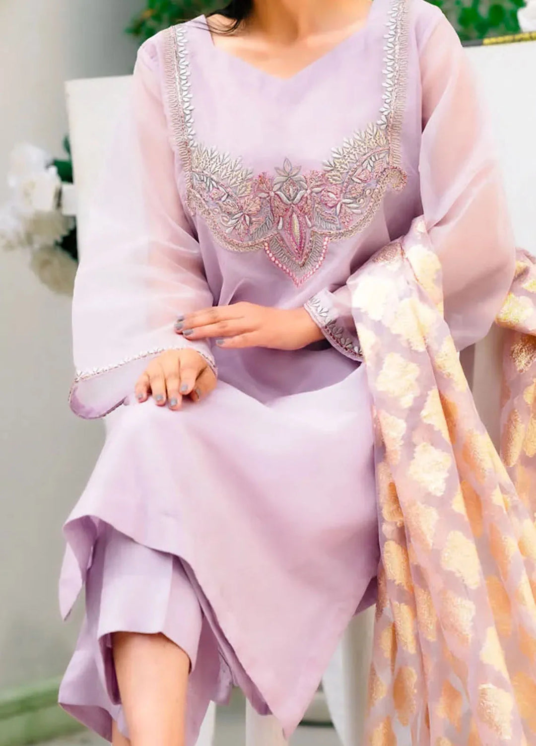 PSK Couture Pret Embroidered Organza 3 Piece Suit Levander Dream