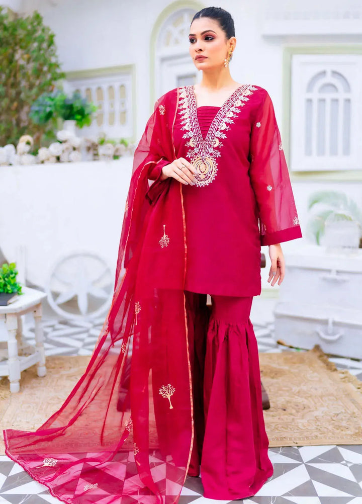 PSK Couture Pret Embroidered organza 3 Piece Suit Scarlet