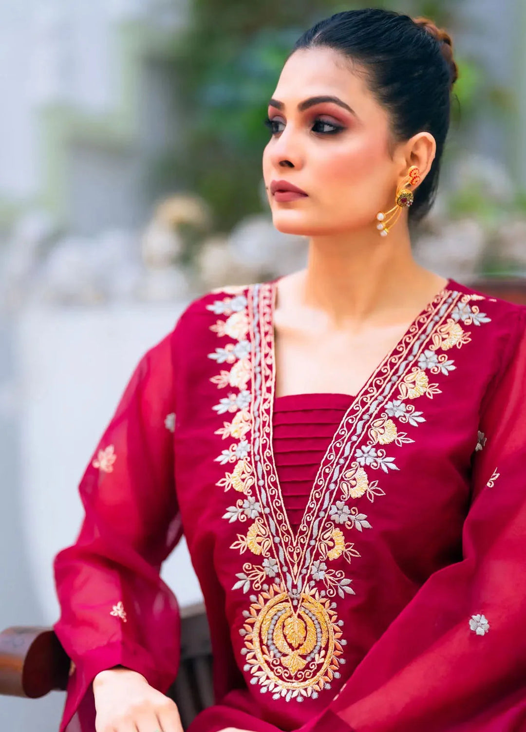 PSK Couture Pret Embroidered organza 3 Piece Suit Scarlet