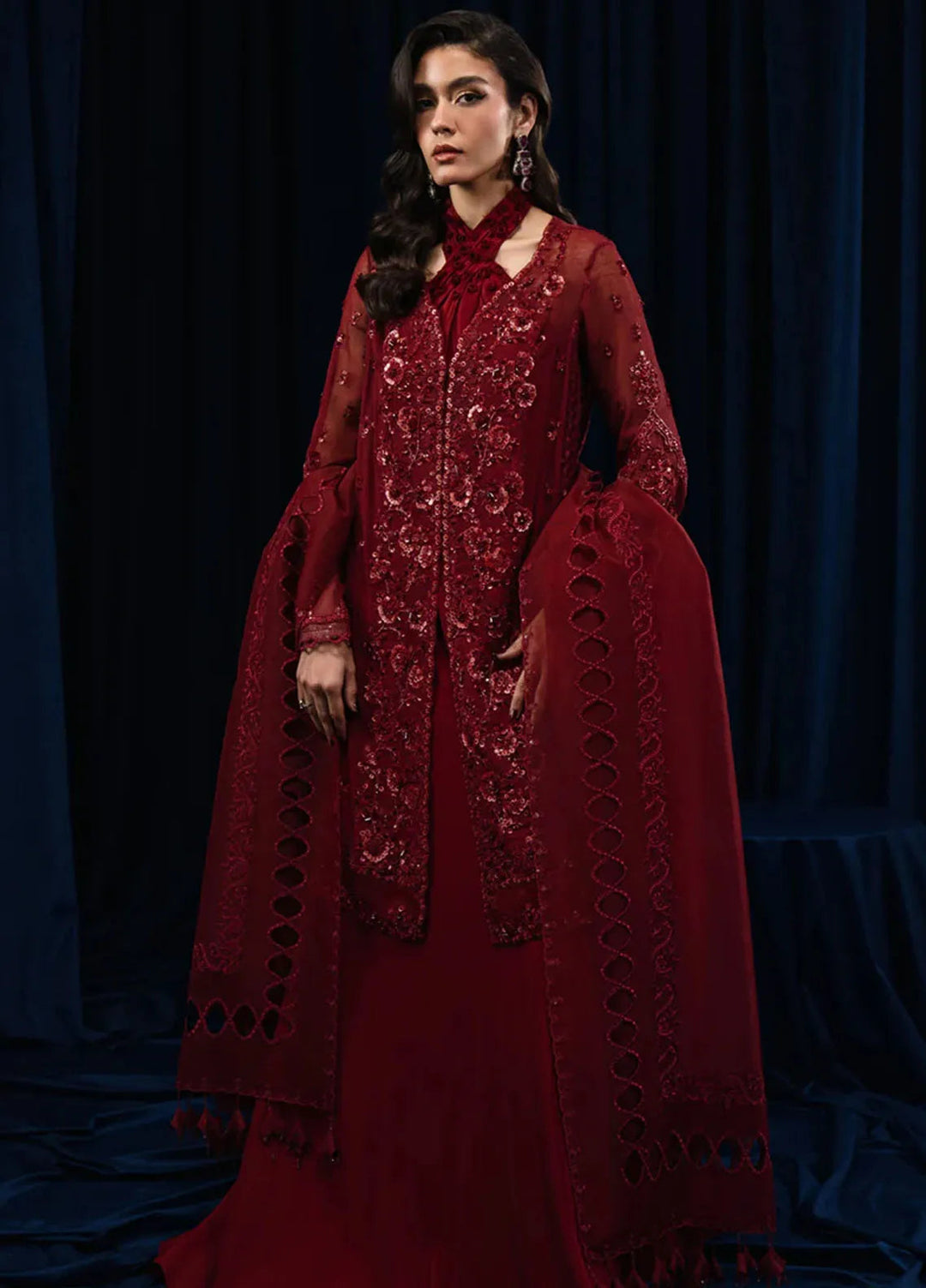 Qalamkar Pret Embroidered Cotton Net 4 Piece Suit CR-04 Riya