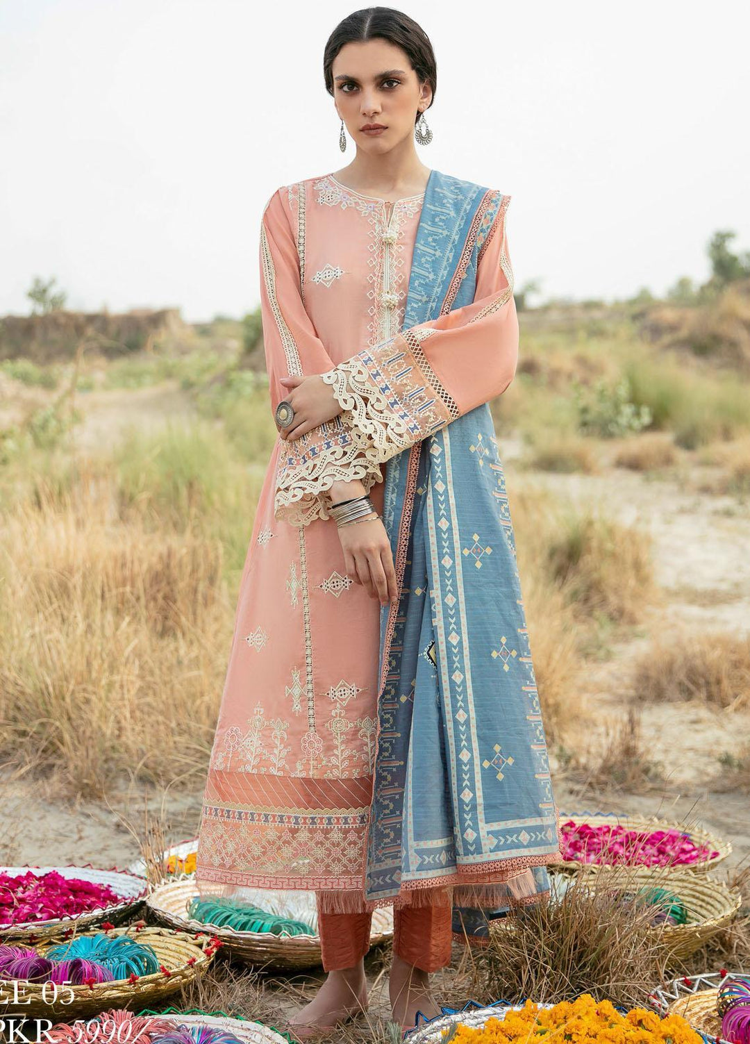 Qalamkar Embroidered Schiffli Suits Unstitched 3 Piece QLM21QL EE-05 - Luxury Collection