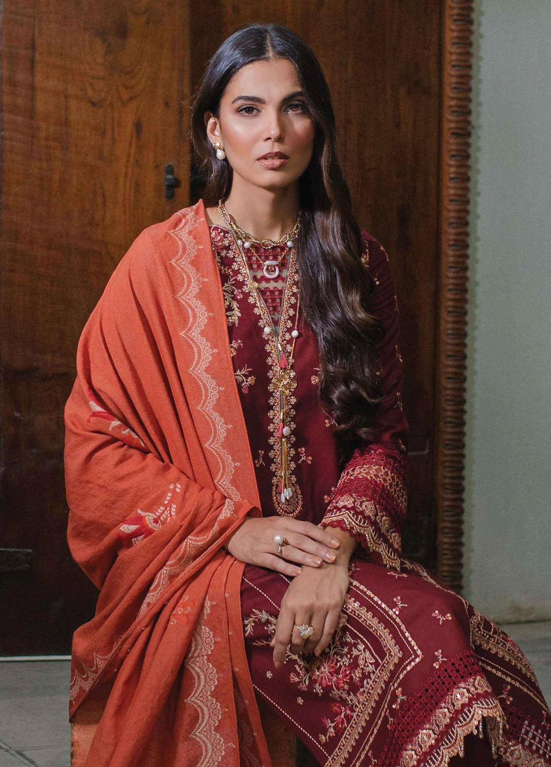 Qalamkar Embroidered Leather Peach Suits Unstitched 3 Piece QLM23LW SC-01 Freya - Luxury Winter Collection