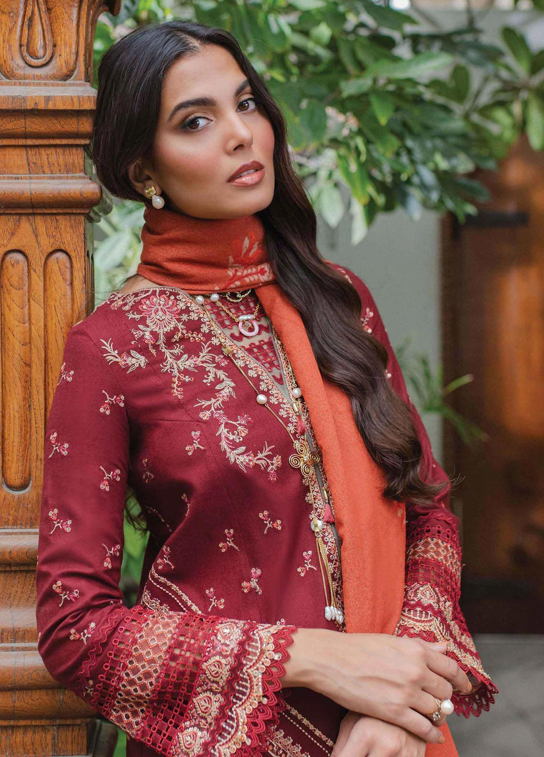Qalamkar Embroidered Leather Peach Suits Unstitched 3 Piece QLM23LW SC-01 Freya - Luxury Winter Collection
