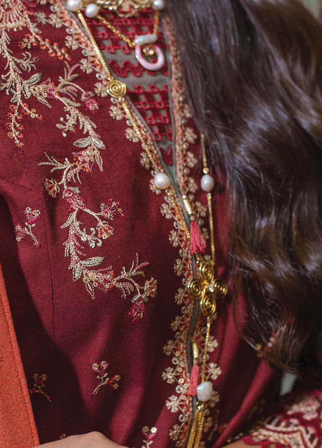 Qalamkar Embroidered Leather Peach Suits Unstitched 3 Piece QLM23LW SC-01 Freya - Luxury Winter Collection