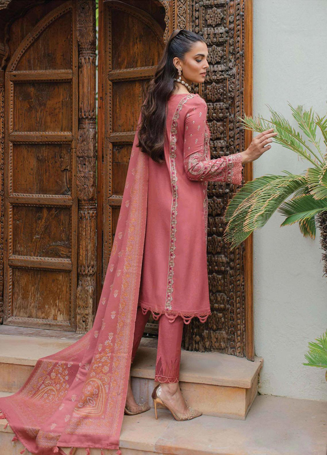 Qalamkar Embroidered Leather Peach Suits Unstitched 3 Piece QLM23LW SC-04 Allesia - Luxury Winter Collection