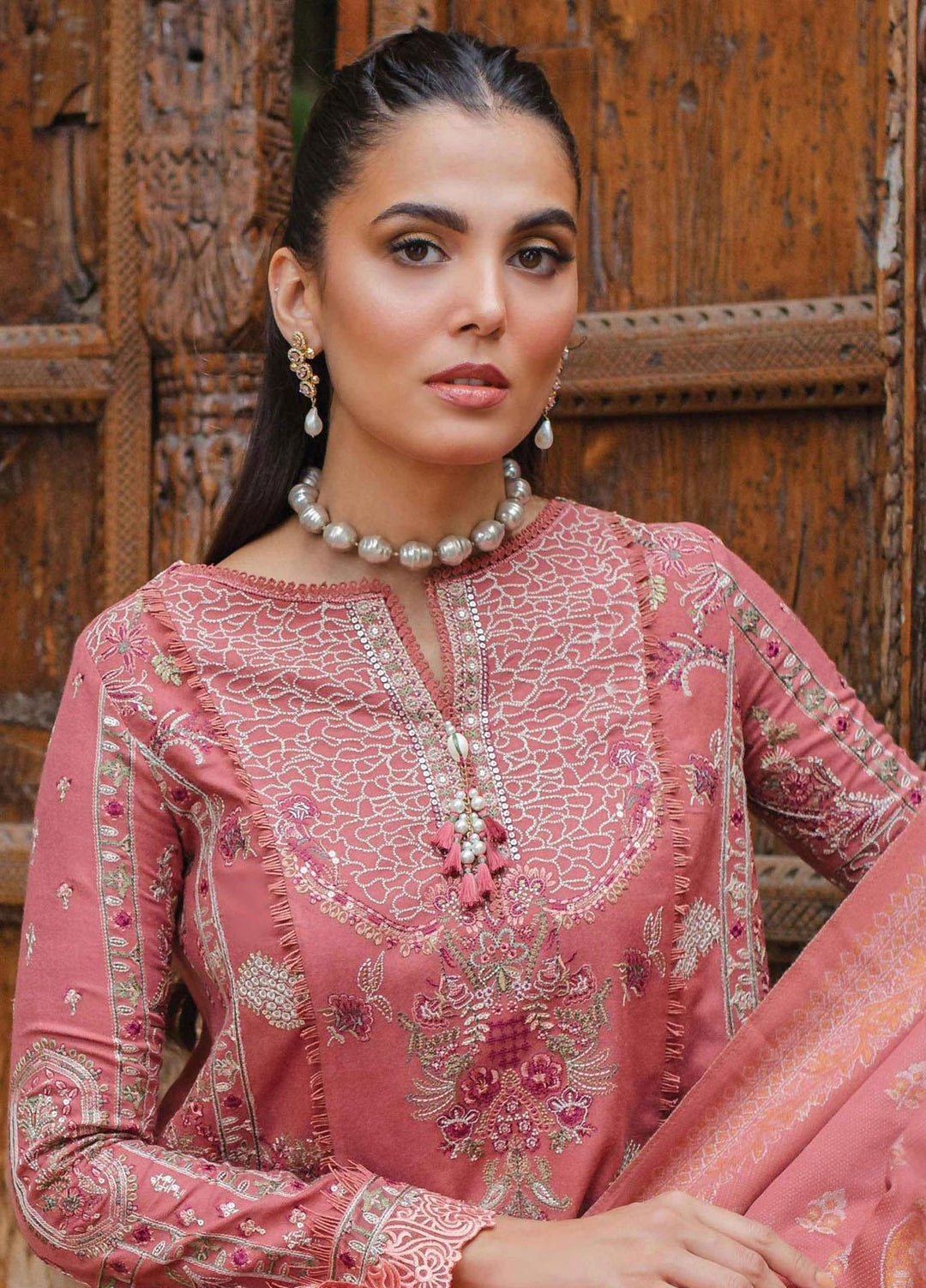 Qalamkar Embroidered Leather Peach Suits Unstitched 3 Piece QLM23LW SC-04 Allesia - Luxury Winter Collection