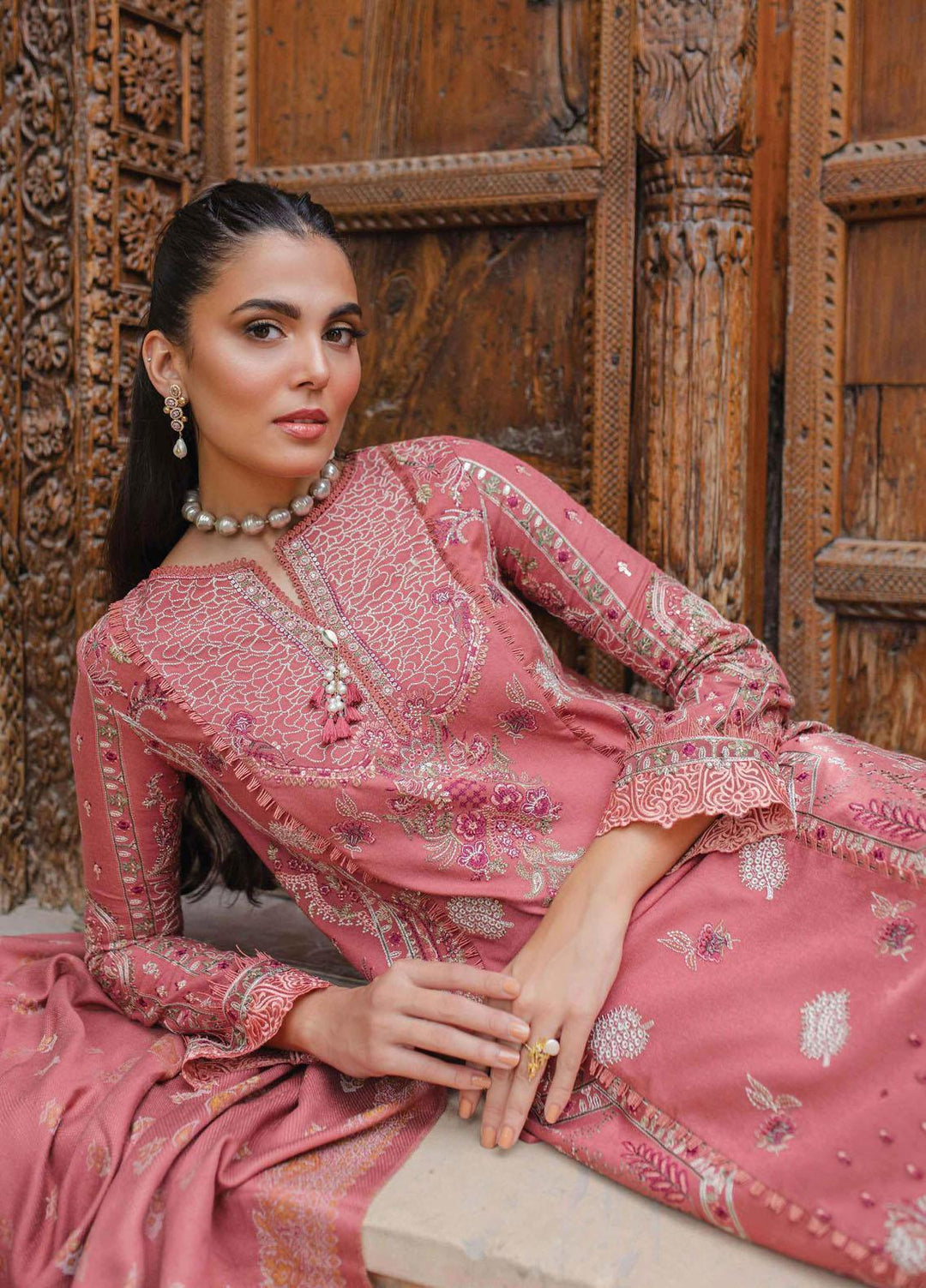 Qalamkar Embroidered Leather Peach Suits Unstitched 3 Piece QLM23LW SC-04 Allesia - Luxury Winter Collection