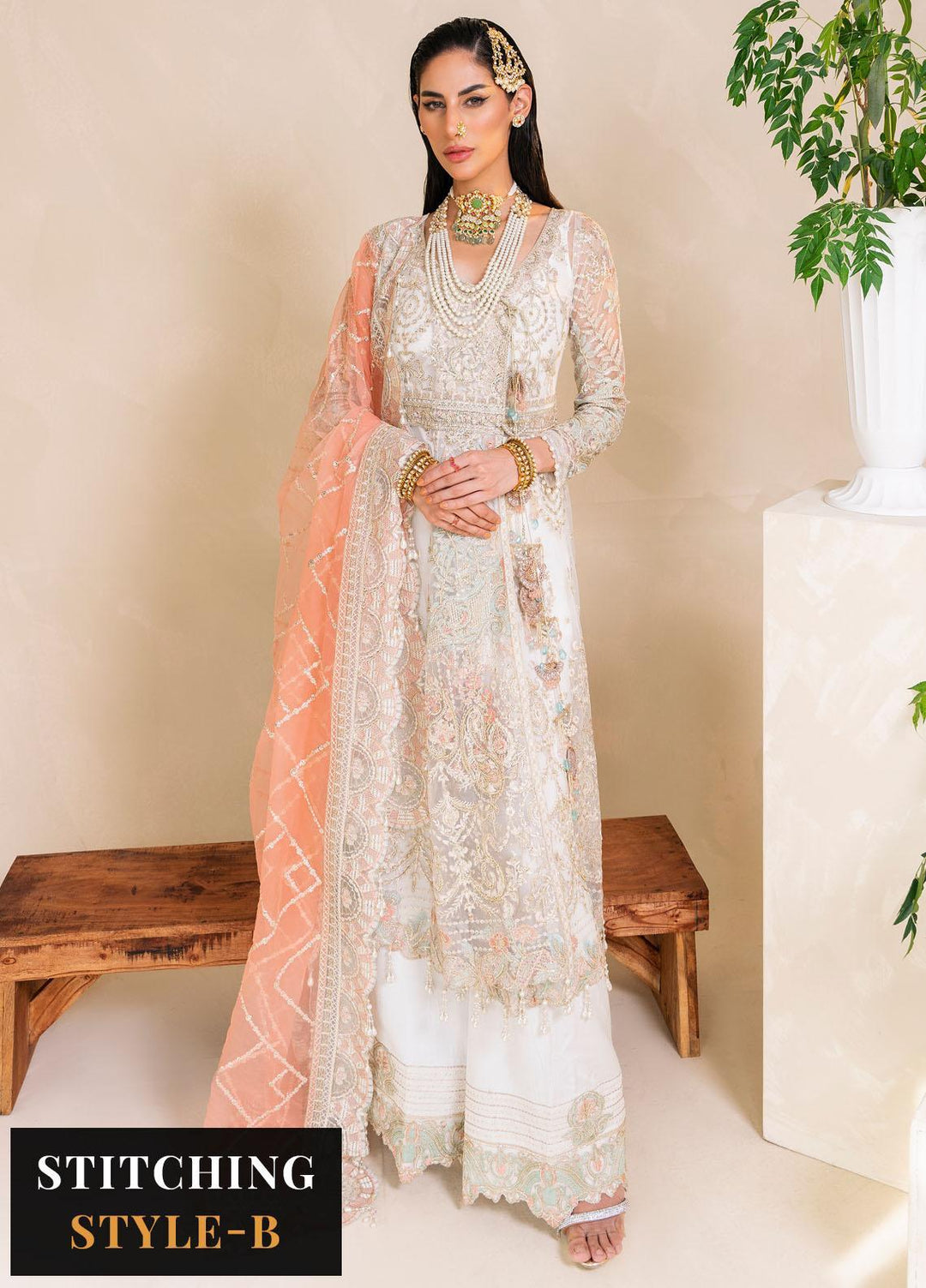 Raha By Muneefa Naz Embroidered Net Suits Unstitched 4 Piece MN23RH Ivory - Wedding Collection