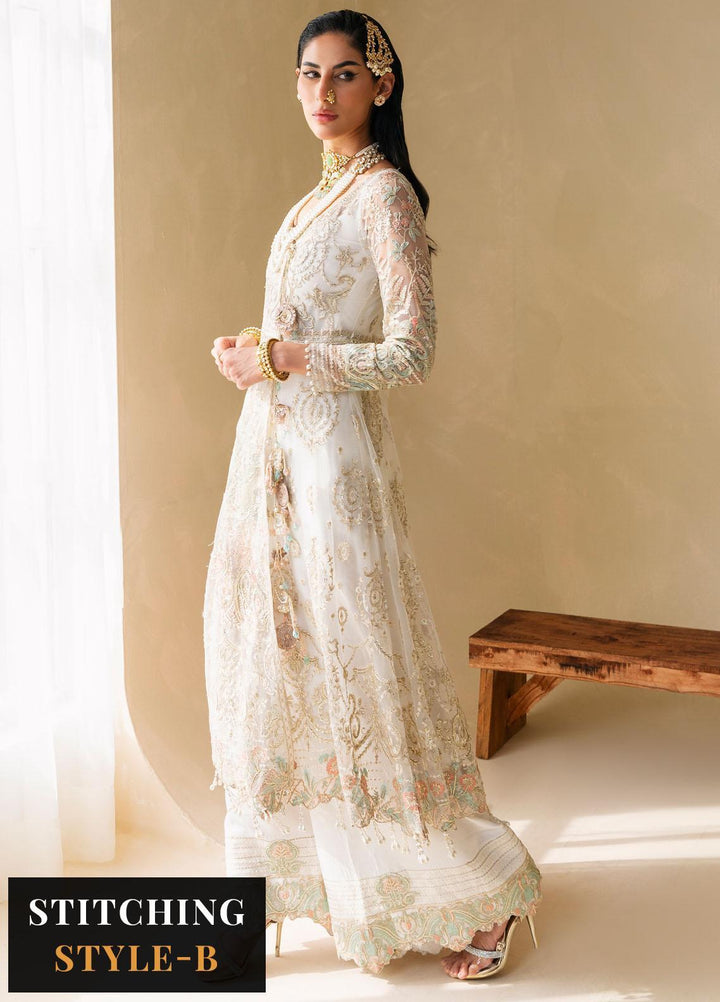 Raha By Muneefa Naz Embroidered Net Suits Unstitched 4 Piece MN23RH Ivory - Wedding Collection