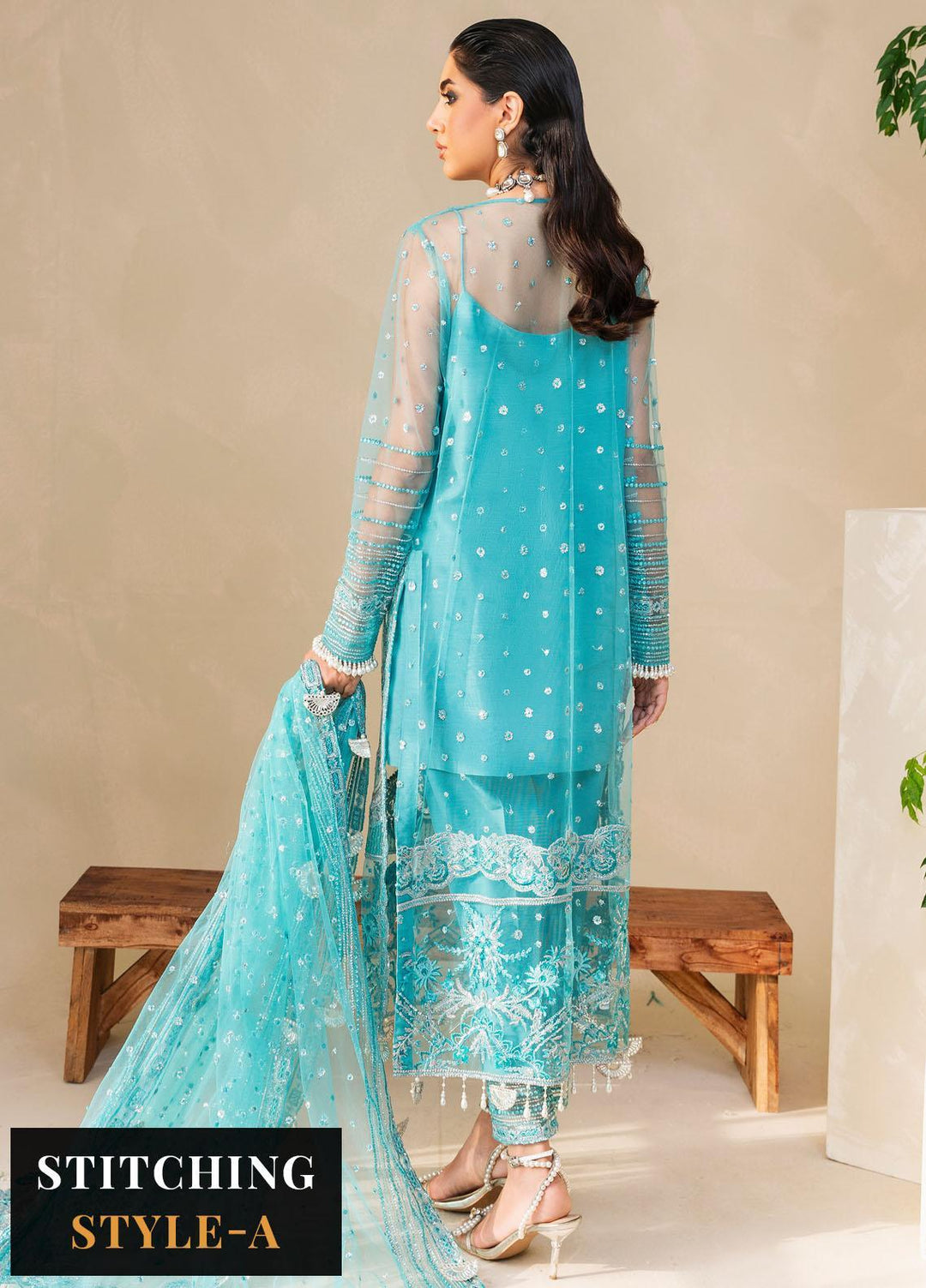 Raha By Muneefa Naz Embroidered Net Suits Unstitched 4 Piece MN23RH Sage - Wedding Collection
