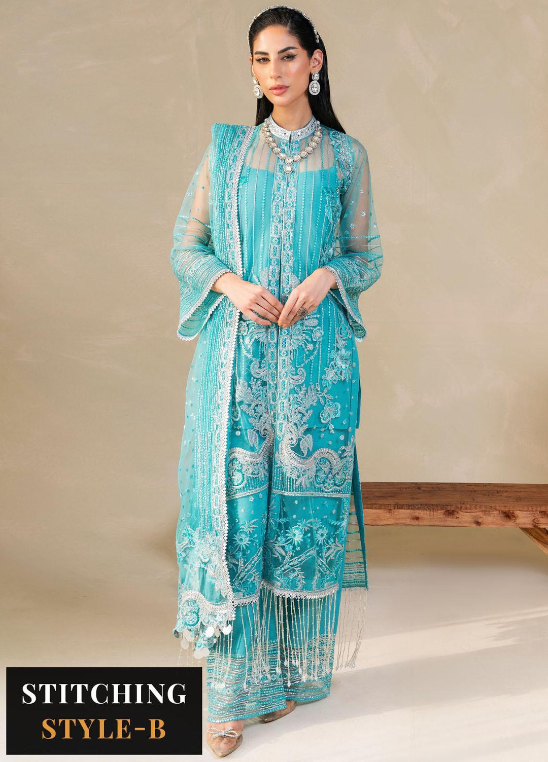 Raha By Muneefa Naz Embroidered Net Suits Unstitched 4 Piece MN23RH Sage - Wedding Collection