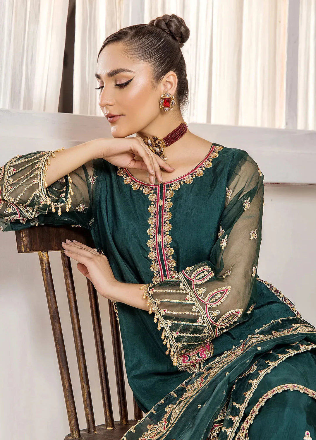 Rajwani by HM Pret Embroidered Raw Silk 3 Piece Suit Zenia Green